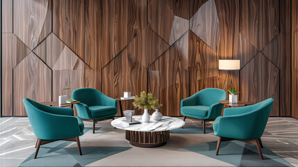 Poster - Modern Teal Lounge: Four teal armchairs arranged around a circular marble coffee table in a contemporary waiting area or lounge. The room features a geometric wooden wall and a patterned carpet.