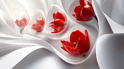 Wall Mural - Red tulips nestled in white fabric swirls.