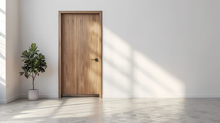 Wall Mural - Minimalist Interior Doorway: Sunlight streams into a modern, minimalist interior, illuminating a light wood door and a potted plant, creating a serene and inviting atmosphere.