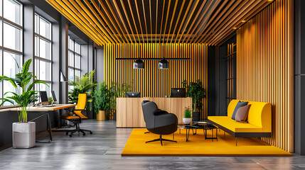 Poster - Modern Office Reception: A vibrant and inviting office reception area features a yellow color palette, contemporary furniture, and natural light streaming through large windows.