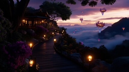 Canvas Print - Serene mountaintop house path at dawn with hot air balloons above clouds.