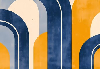 Poster - Mid-century modern abstract background with arches and stripes in blue, mustard yellow, and grey