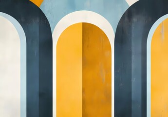 Poster - Mid-century modern abstract background with arches and stripes in blue, mustard yellow, and grey