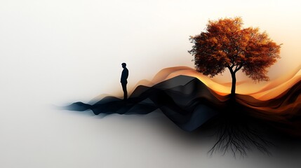 Canvas Print - Silhouette of man observing autumn tree on surreal landscape.