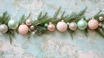 Wall Mural - Pastel Christmas ornaments and pine branches arranged on a textured blue background.