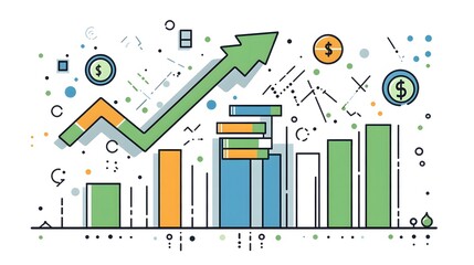 Poster - Colorful financial growth illustration featuring bars, lines, and dollar symbols, representing business success, investment strategies, and economic analysis in a modern style