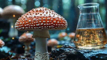 Poster - Shimmering mushroom and vintage flask in a mystical forest during golden hour