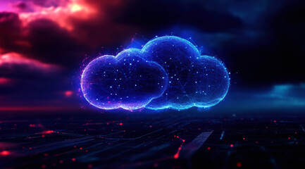 Aufkleber - A stunning depiction of interconnected digital clouds glowing against a dark sky, symbolizing the future of technology, connectivity, and cloud computing in a vibrant, futuristic landscape.