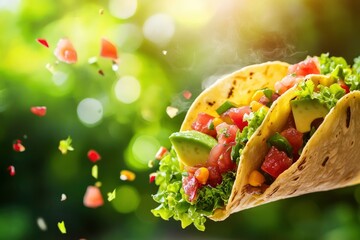 Sticker - A vibrant taco filled with fresh ingredients against a blurred green background.