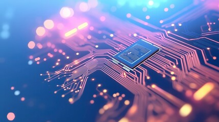 Poster - Microchip and Circuit Board with Vibrant Lights and Colors