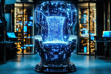 Poster - A metallic throne with patterns and blue lights sits in a sleek, high-tech room filled with screens