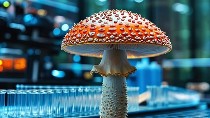 Poster - Bright red mushroom with white spots in a modern laboratory setting surrounded by glassware