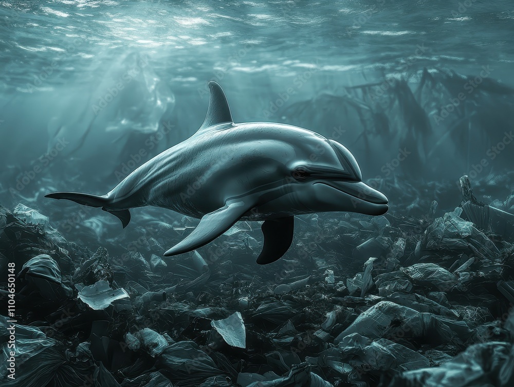 A dolphin swimming amidst plastic debris, representing the struggle of ...