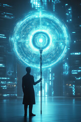 Poster - a figure stands holding a staff, gazing at a large, glowing energy orb in a futuristic, high-tech se
