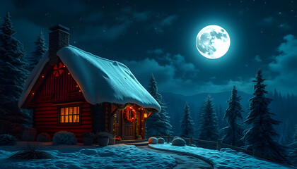 Wall Mural - Santa's secret cottage in magic moonlight isolated with white highlights, png