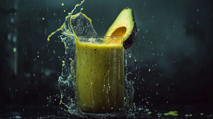 Wall Mural - vibrant avocado smoothie splashes energetically in dark setting, highlighting its creamy texture and freshness. dynamic motion captures essence of refreshing, healthy drink