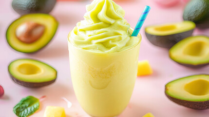 Wall Mural - Creamy avocado smoothie with playful colorful straw surrounded by fresh avocado halves and pineapple chunks on pastel background