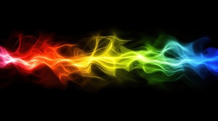 Poster - Vibrant Colorful Smoke Wave on Black Background Creating a Dynamic Flowing Visual Display of Light and Energy in an Abstract Artistic Style