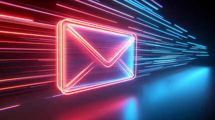 Poster - Neon envelope symbol glowing with dynamic light effects in digital space