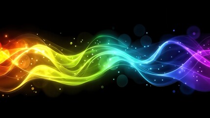 Poster - Colorful Abstract Waves with Light Particles Flowing in a Rainbow Spectrum Against a Black Background for Artistic and Creative Designs