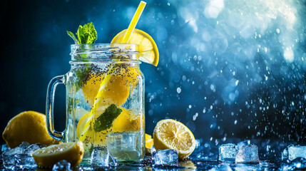 Wall Mural - Refreshing chia seed lemonade with lemon slices, mint, and ice cubes in mason jar, surrounded by lemons and ice, with vibrant blue background