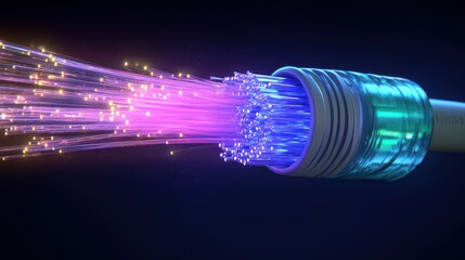 Poster - Vibrant Close-Up of Fiber Optic Cable Emitting Brilliant Light Rays, Showcasing Technology and Innovation for High-Speed Data Transmission