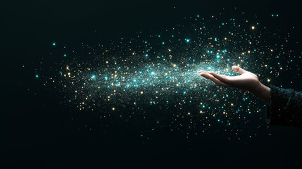 magic in the palm of your hand: a captivating image of a hand releasing sparkling blue and gold part