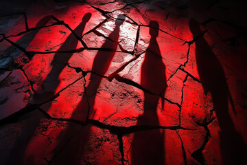 Poster - Red light casts shadows on cracked Earth, creating a dramatic atmosphere with figures looming in the background