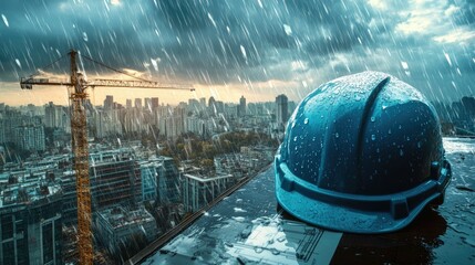 Poster - A hard hat and wet architectural plans are framed by rain, capturing the energy of urban construction amidst a bustling city under a cloudy sky.