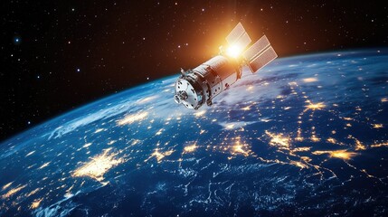 Poster - A high-tech spacecraft soars over Earth, illuminated by a mesmerizing glow, as it ventures into the depths of space, marking the dawn of new frontiers.