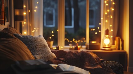 Poster - A warm Edison bulb casting a gentle glow in a cozy setting, with string lights adding to the ambiance.