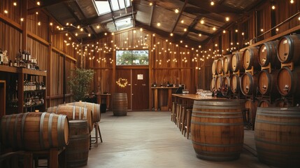Aufkleber - A warm, inviting atmosphere in a rustic warehouse, with wooden barrels bathed in soft, ambient light.