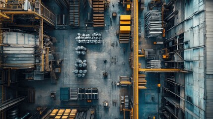 Aufkleber - A wide overhead view of an industrial space with neatly stacked metal pipes and materials, conveying order.