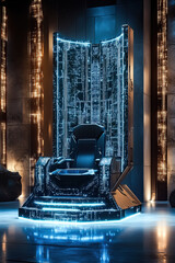 Poster - A metallic throne with glowing details stands out in a sleek, tech-filled futuristic setting