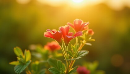 Wall Mural - Sunlit pink flowers with green leaves in grassy field