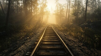 Aufkleber - Golden sunlight pours over weathered train tracks nestled in a peaceful forest, the silhouette of distant trees adding to the allure of an abandoned path.