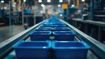 Poster - In a large factory, blue plastic containers travel along a conveyor belt, highlighting the speed and organization of an efficient manufacturing process.