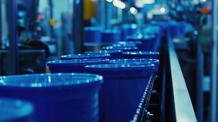 Poster - Inside a busy factory, blue plastic containers steadily move down the conveyor belt, illustrating the fast-paced and efficient manufacturing process in action.