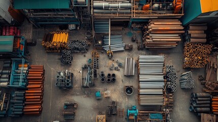 Poster - Overhead shot of a warehouse filled with neatly arranged metal pipes and industrial materials.