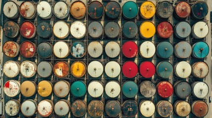 Poster - Overhead shot of large industrial storage tanks arranged symmetrically in a well-organized layout.