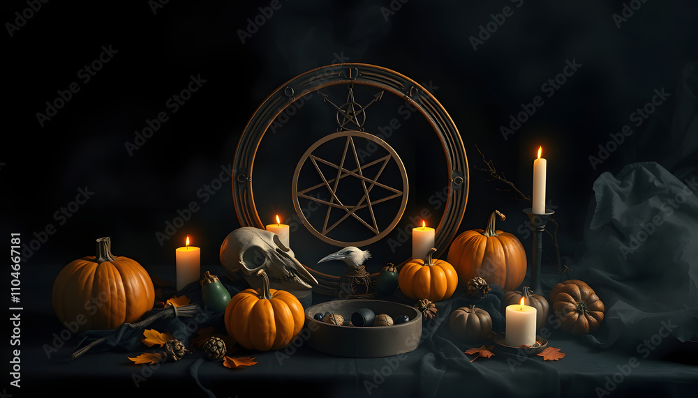 wiccan altar on abstract dark background. bird skull, pumpkins ...