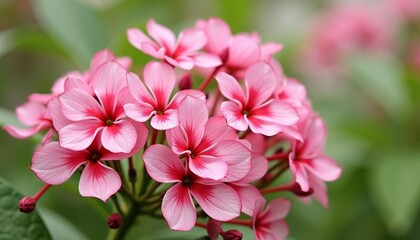 Wall Mural - Close-up of pink flowers with green leaves in background