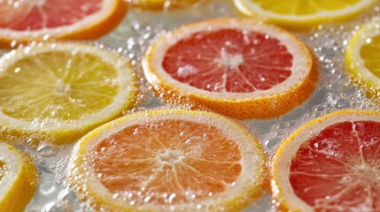 Poster - Vibrant slices of citrus fruits in a burst of bubbles, floating in clear water for a refreshing look.