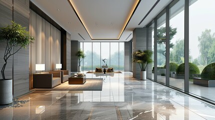 Wall Mural - Modern Lobby Interior with Marble Floor, Seating, and Large Windows