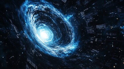 A dark background with mathematical equations and space galaxy