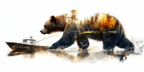 Aufkleber - A surreal image of a bear walking through water with a forest and boat integrated into its form.