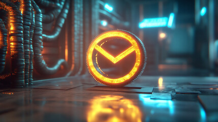 Poster - Vibrant circular emblem illuminated in a futuristic setting during evening hours