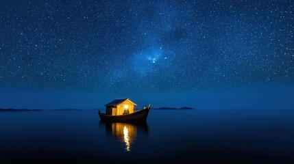 Wall Mural - A small house on a boat floating in the endless sea