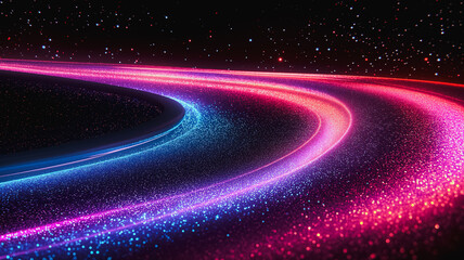 Poster - A colorful, swirling line of glitter is projected onto a dark background. The glitter appears to be moving and changing colors, creating a sense of motion and energy. Scene is dynamic and lively
