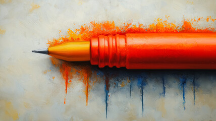 Poster - A red pencil with a black tip is on a white background. The pencil is surrounded by a colorful splash of paint, which gives the impression of a creative and artistic scene